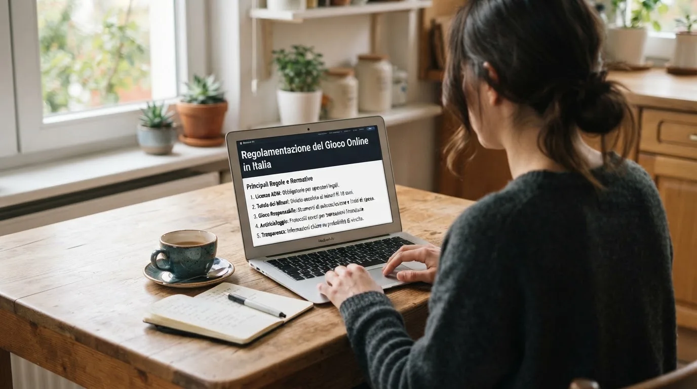 Persona davanti a un portatile che legge una pagina informativa sul gioco online in Italia — 100 giri gratis senza deposito
