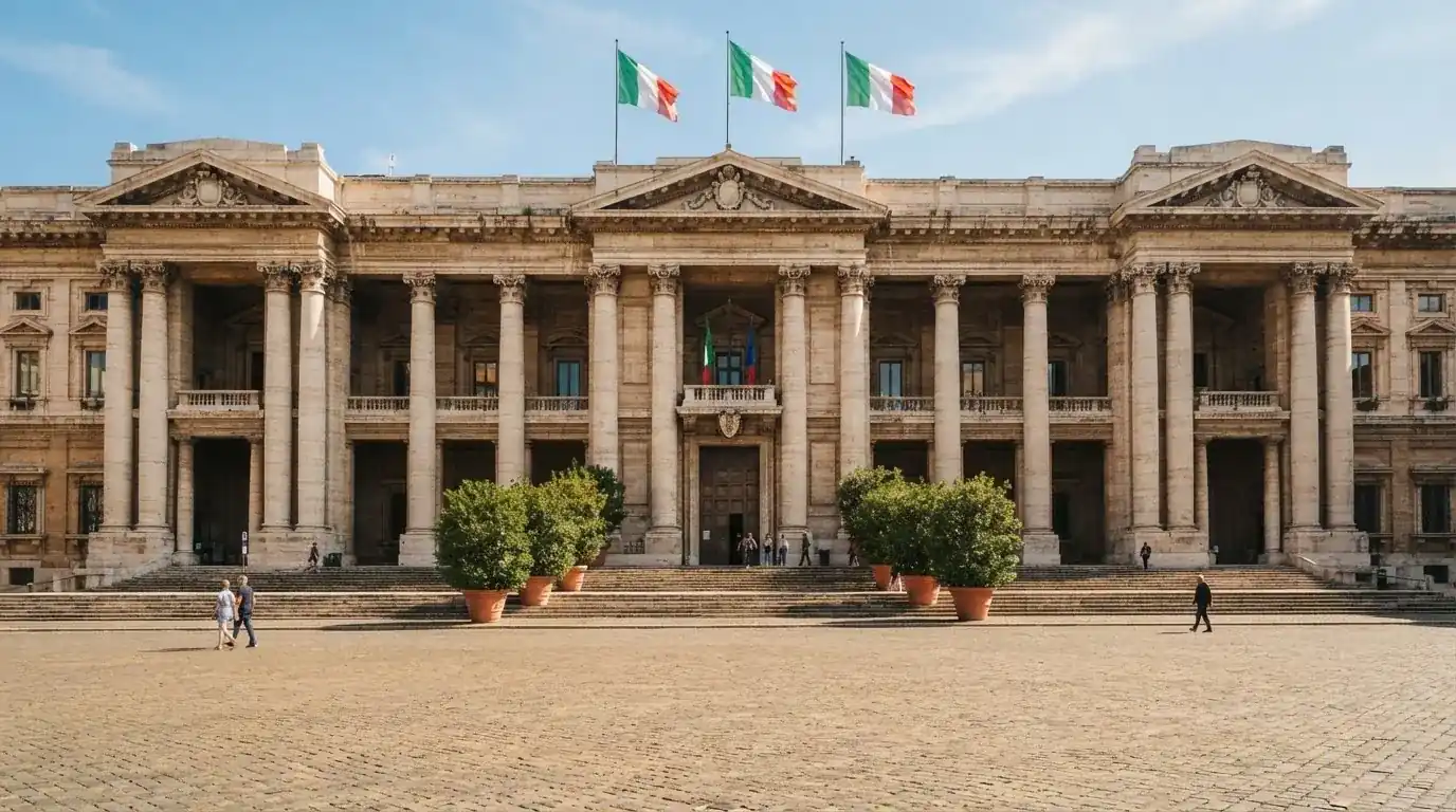 Palazzo istituzionale con bandiere al vento in una piazza soleggiata — 100 giri gratis senza deposito