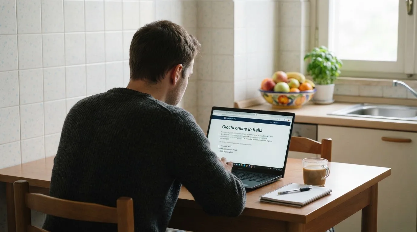 Persona davanti a un portatile che legge una pagina informativa sul gioco online in Italia — 25, 30, 50, 100, 200 giri gratis senza deposito