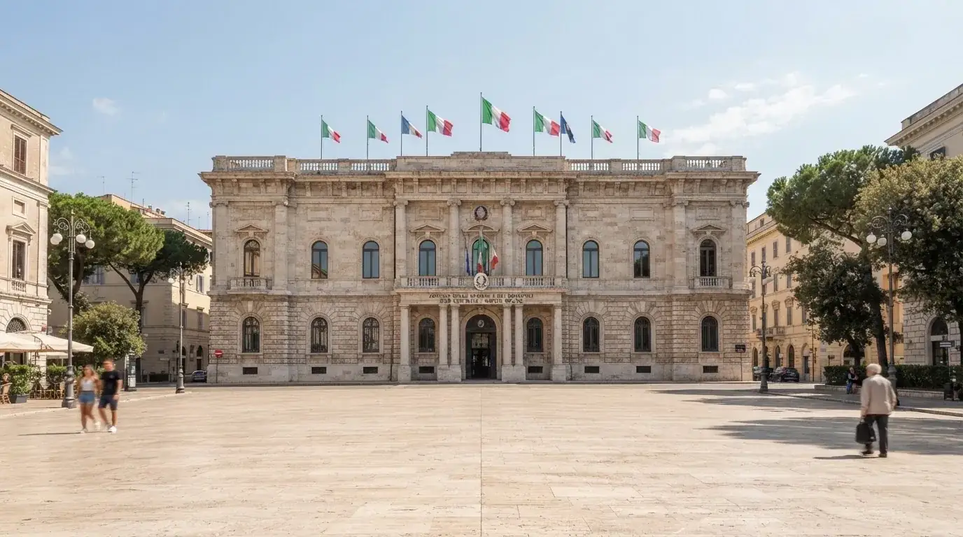 Palazzo istituzionale con bandiere al vento in una piazza soleggiata — 25, 30, 50, 100, 200 giri gratis senza deposito
