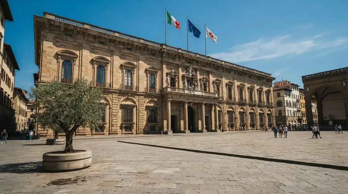 Palazzo istituzionale con bandiere al vento in una piazza soleggiata — 50 free spins senza deposito