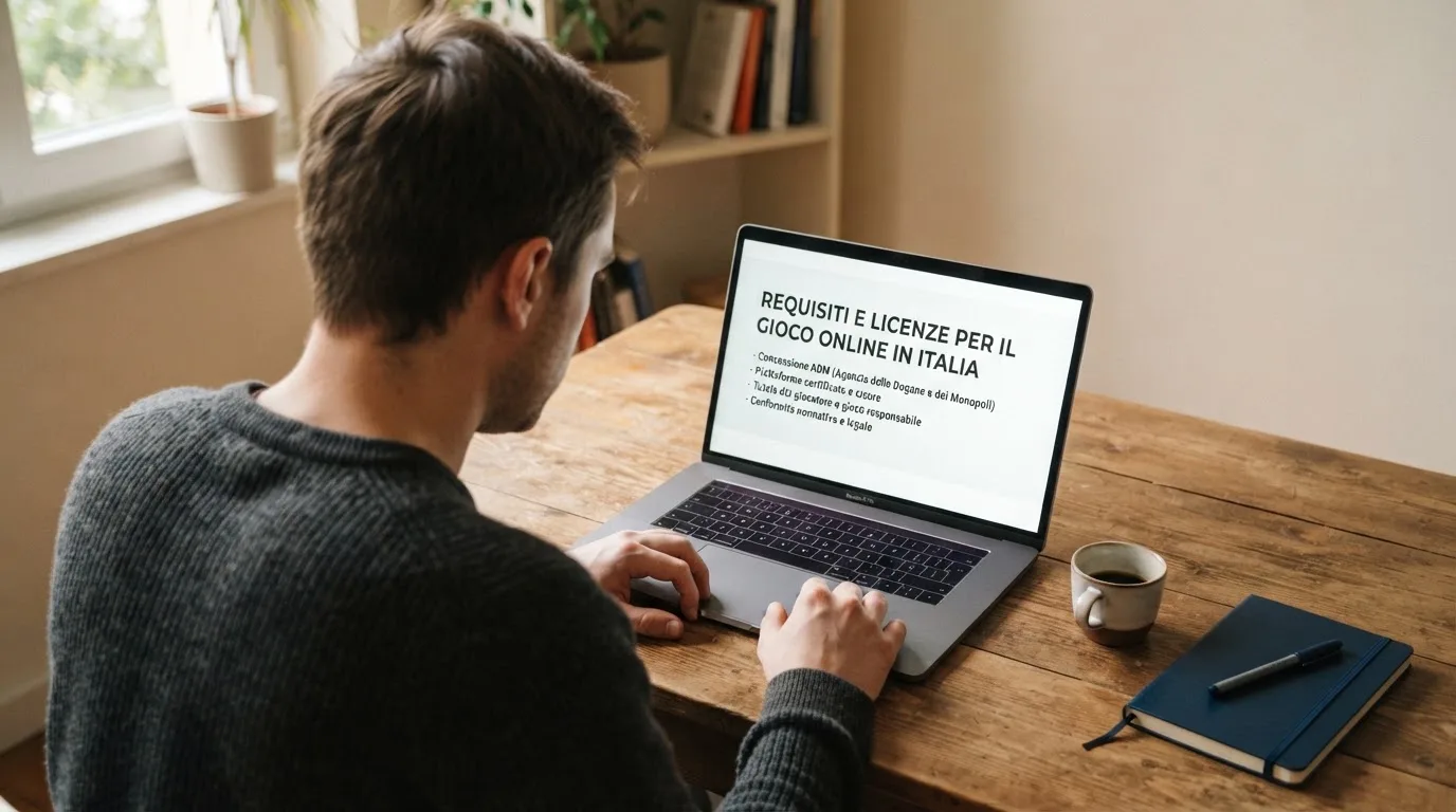 Persona davanti a un portatile che legge una pagina informativa sul gioco online in Italia — big time gaming live casino italia