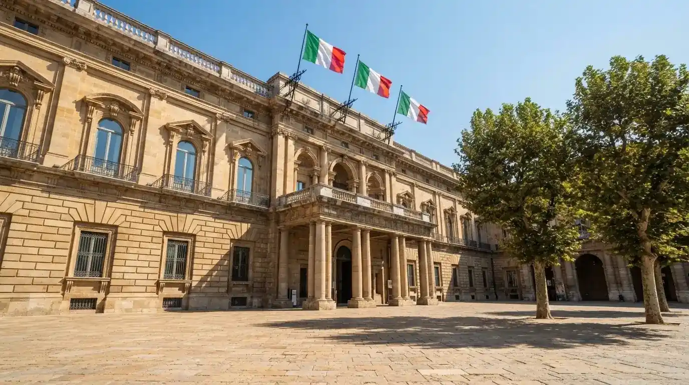 Palazzo istituzionale con bandiere al vento in una piazza soleggiata — big time gaming live casino italia
