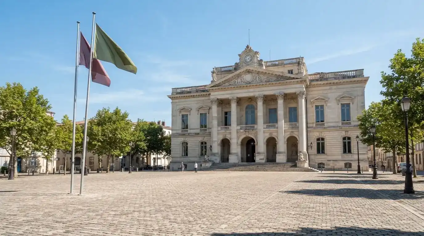 Palazzo istituzionale con bandiere al vento in una piazza soleggiata — casinò che accettano bitcoin