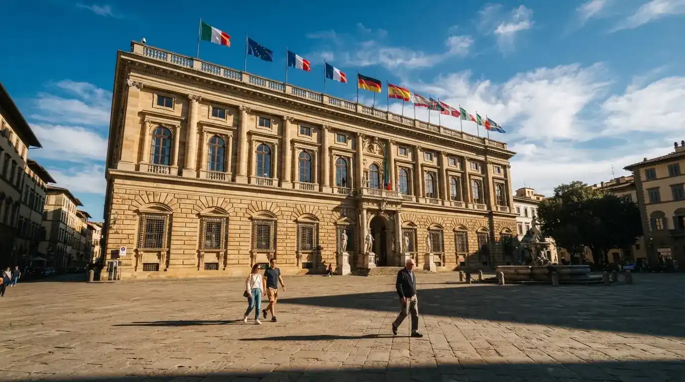 Palazzo istituzionale con bandiere al vento in una piazza soleggiata — casino com app android