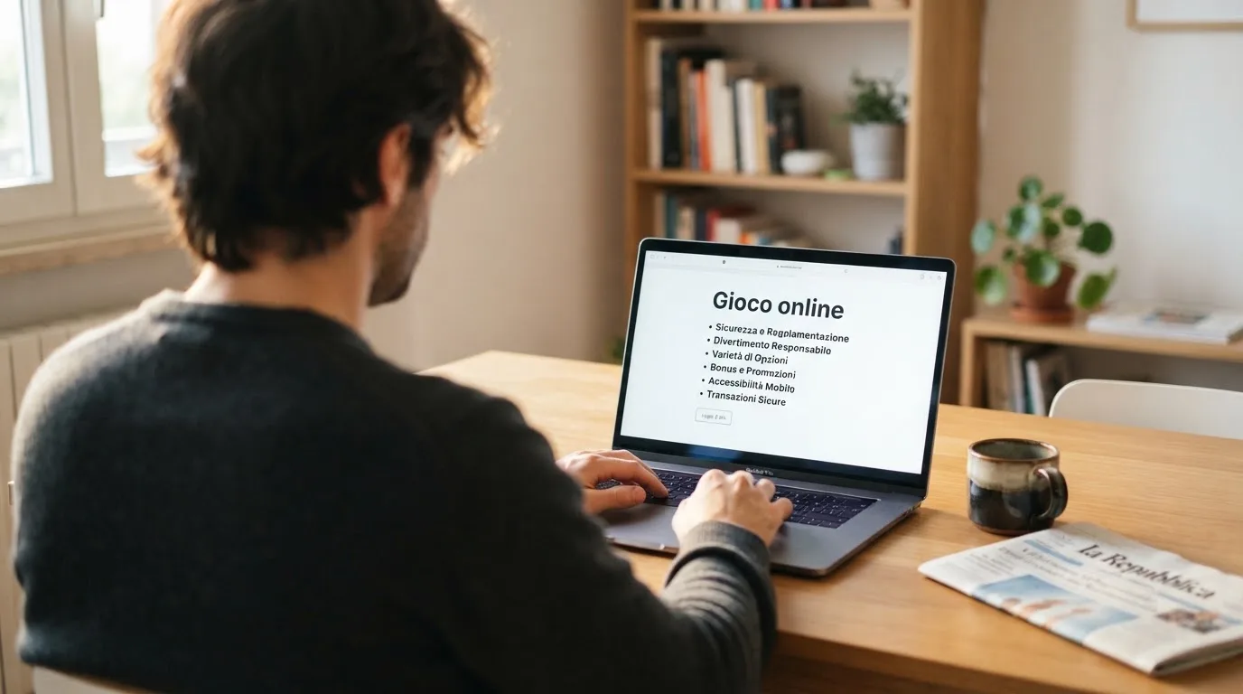 Persona davanti a un portatile che legge una pagina informativa sul gioco online in Italia — casino com app iphone