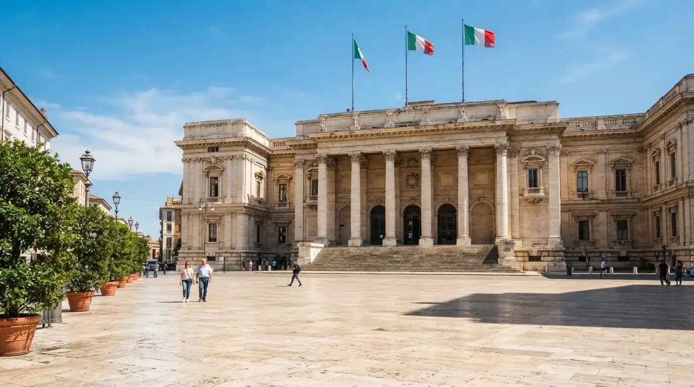 Palazzo istituzionale con bandiere al vento in una piazza soleggiata — casino com app iphone