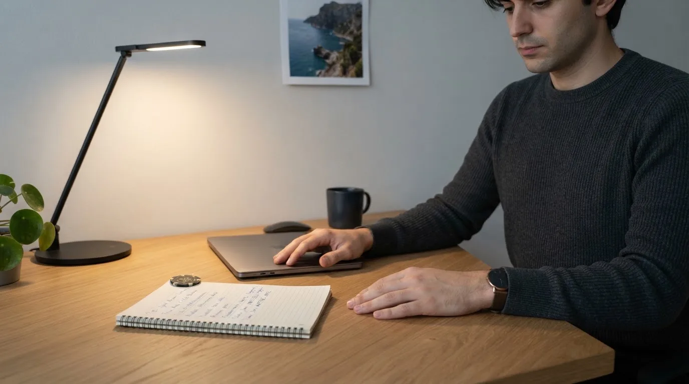 Una persona seduta a una scrivania minimalista con un laptop chiuso e una lampada accesa in un ufficio domestico ordinato.