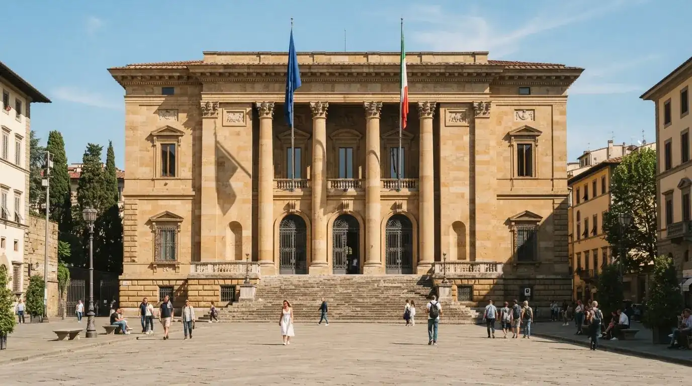 Palazzo istituzionale con bandiere al vento in una piazza soleggiata — casino dal vivo online