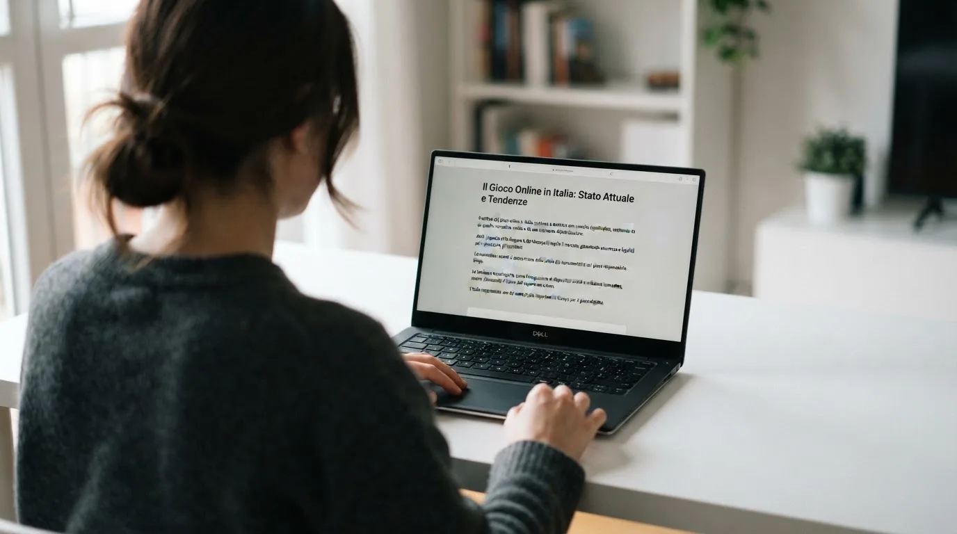 Persona davanti a un portatile che legge una pagina informativa sul gioco online in Italia — casino deposito minimo 1, 5, 10 e 20 euro