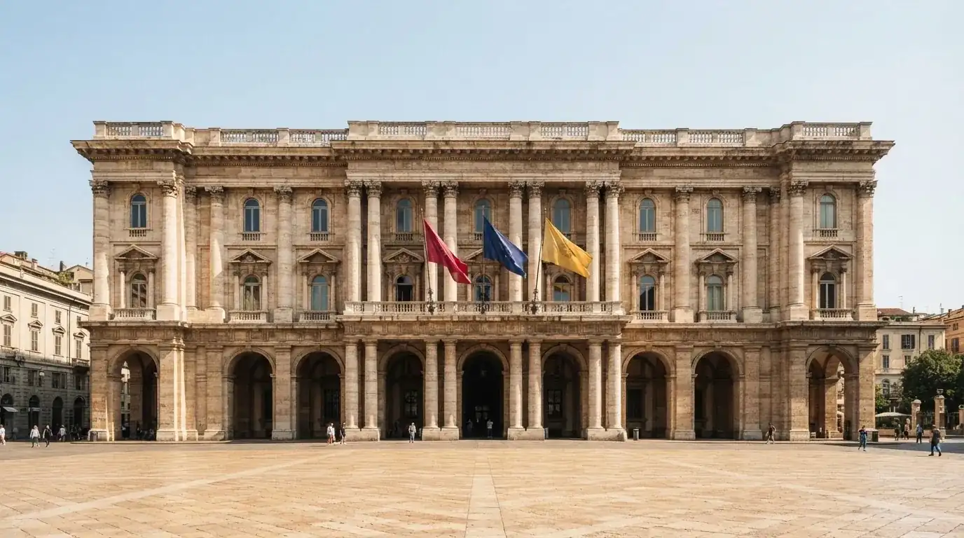 Palazzo istituzionale con bandiere al vento in una piazza soleggiata — casino deposito minimo 1, 5, 10 e 20 euro