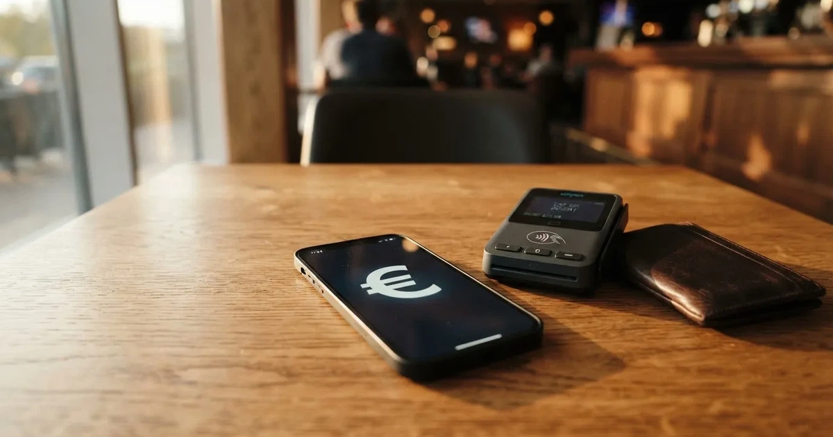 Terminale di pagamento e smartphone su un tavolo di legno accanto a un portafoglio — casino deposito minimo 1, 5, 10 e 20 euro