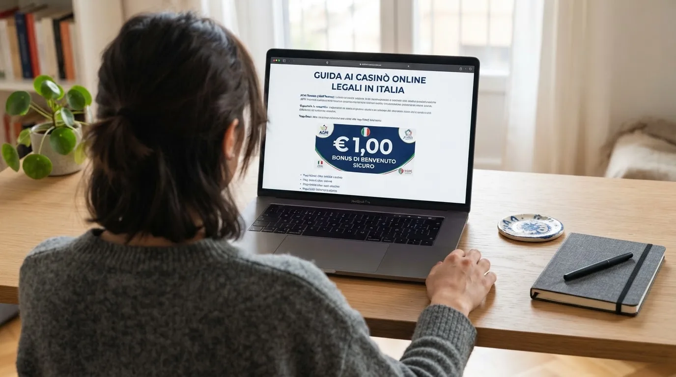 Persona davanti a un portatile che legge una pagina informativa sul gioco online in Italia — casino deposito minimo 1 euro