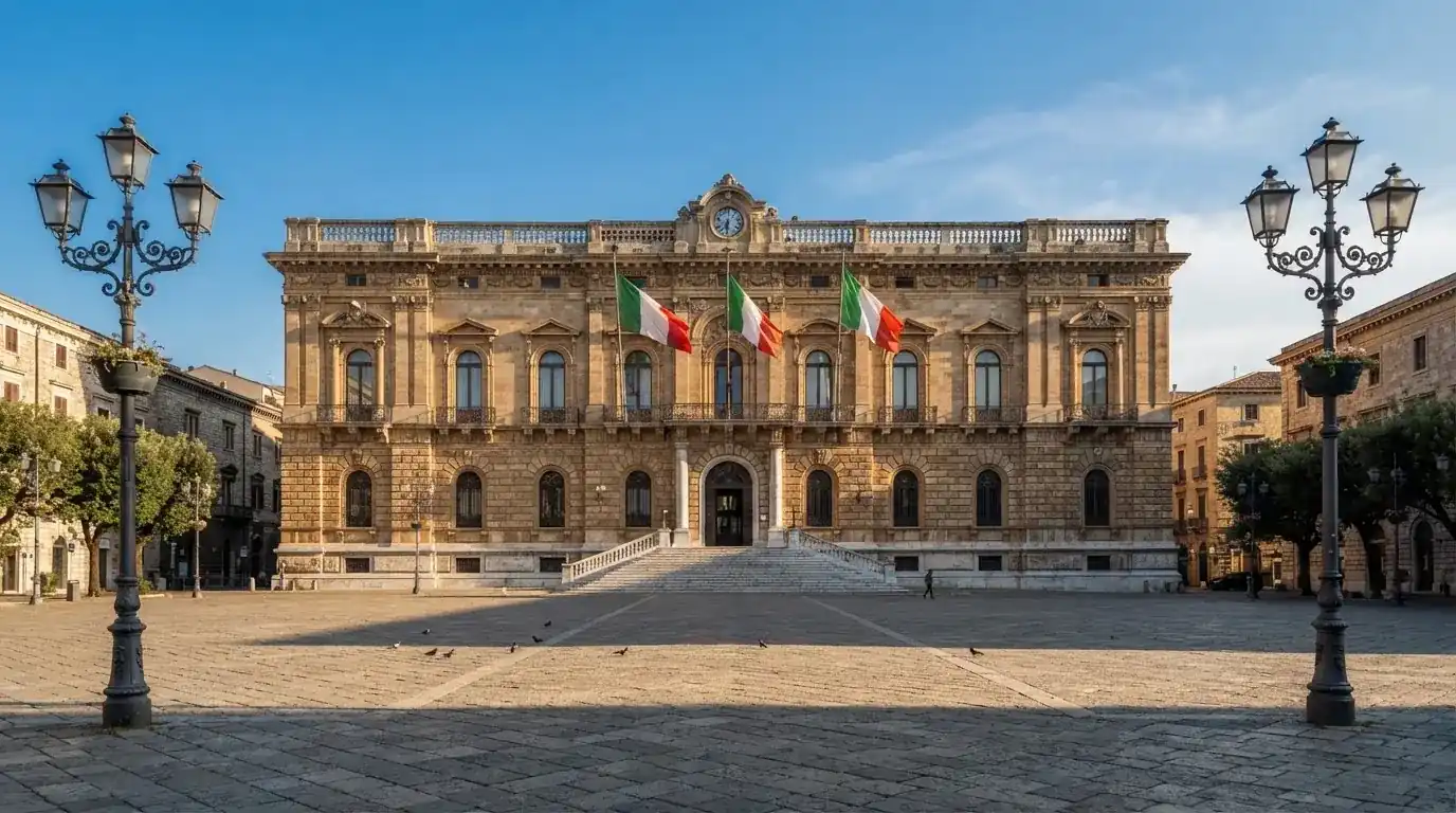 Palazzo istituzionale con bandiere al vento in una piazza soleggiata — casino deposito minimo 1 euro
