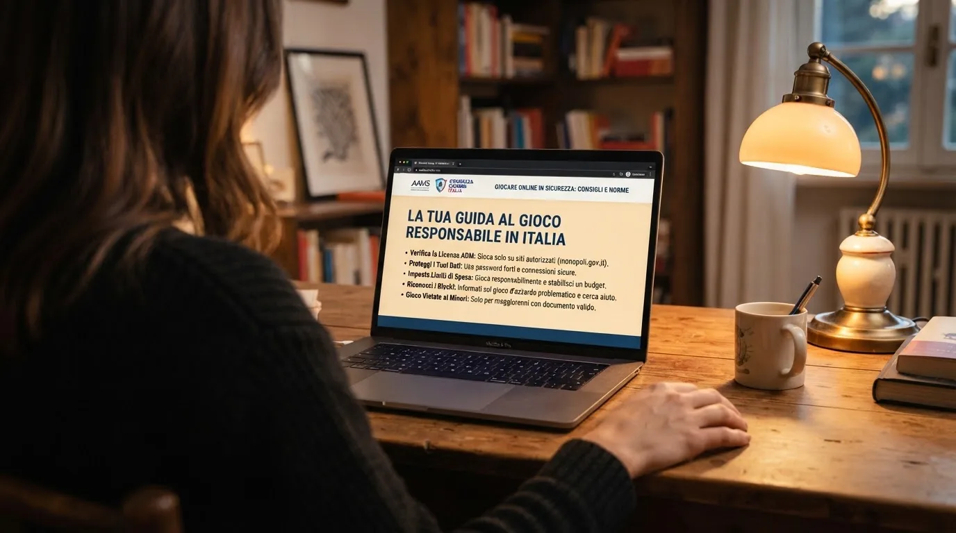 Persona davanti a un portatile che legge una pagina informativa sul gioco online in Italia — casino deposito minimo 10 centesimi