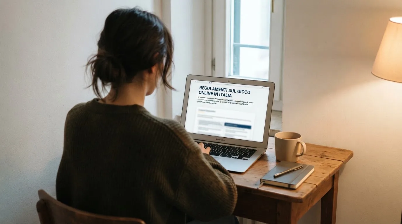 Persona davanti a un portatile che legge una pagina informativa sul gioco online in Italia — casino metodi di pagamento italia