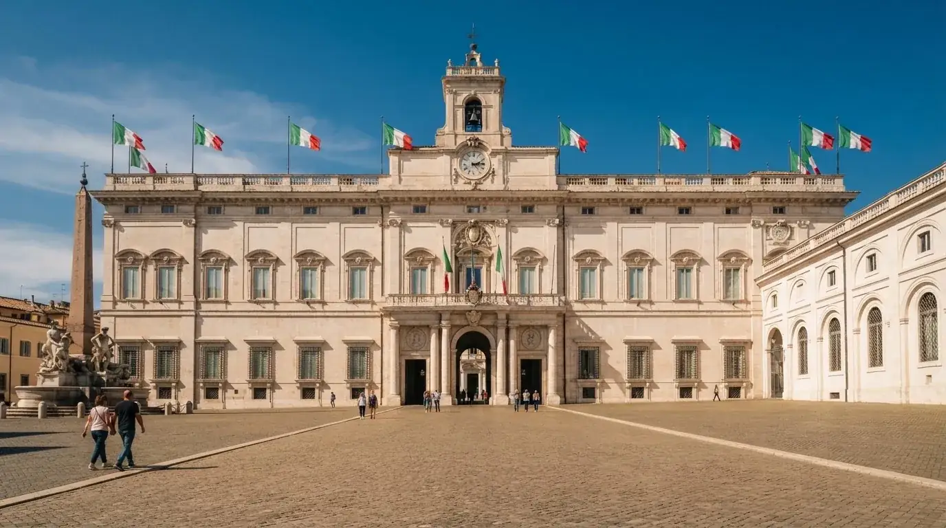 Palazzo istituzionale con bandiere al vento in una piazza soleggiata — casino metodi di pagamento italia