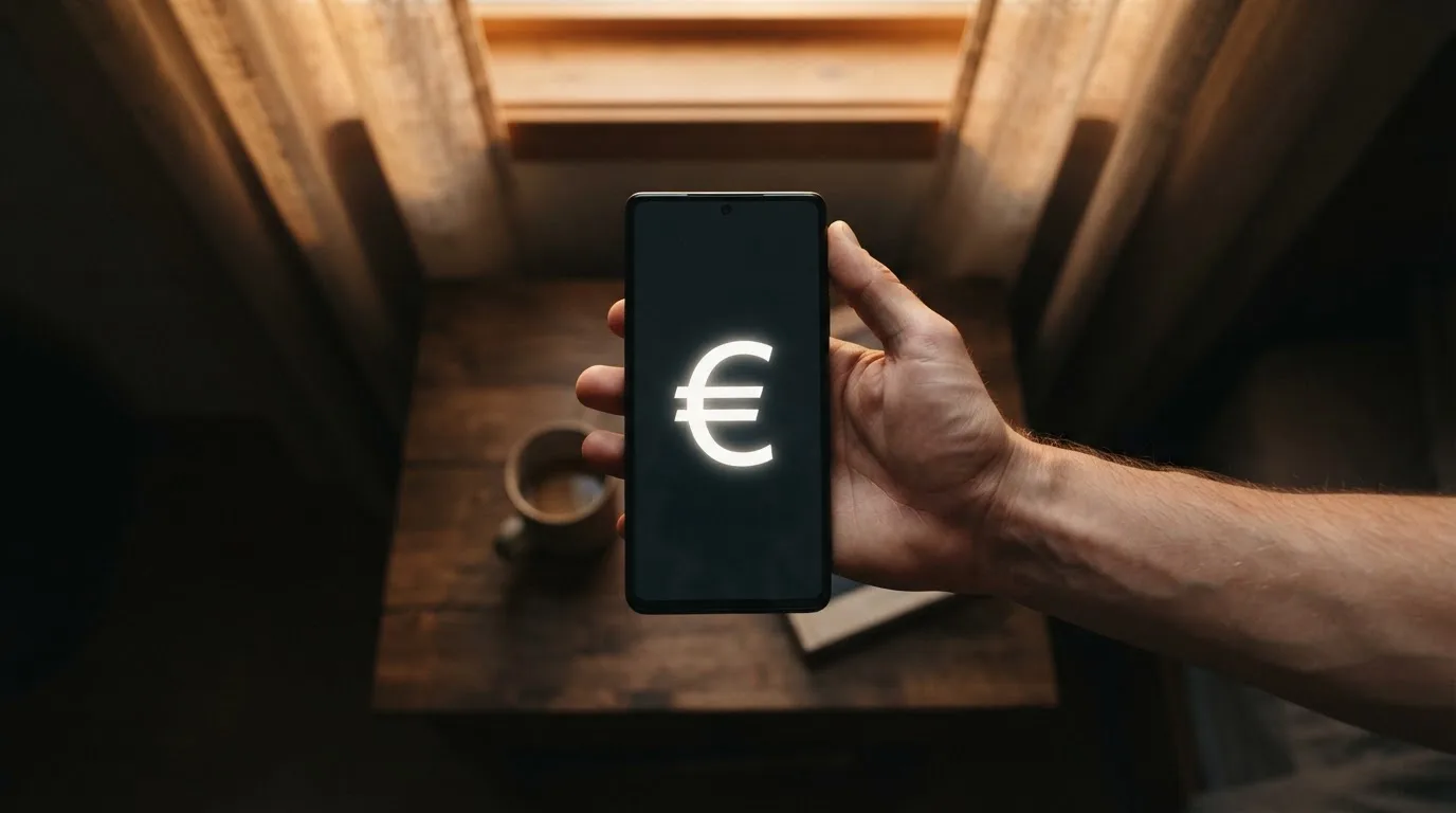 Mano che tiene uno smartphone accanto a una finestra, luce serale tranquilla — casino no adm