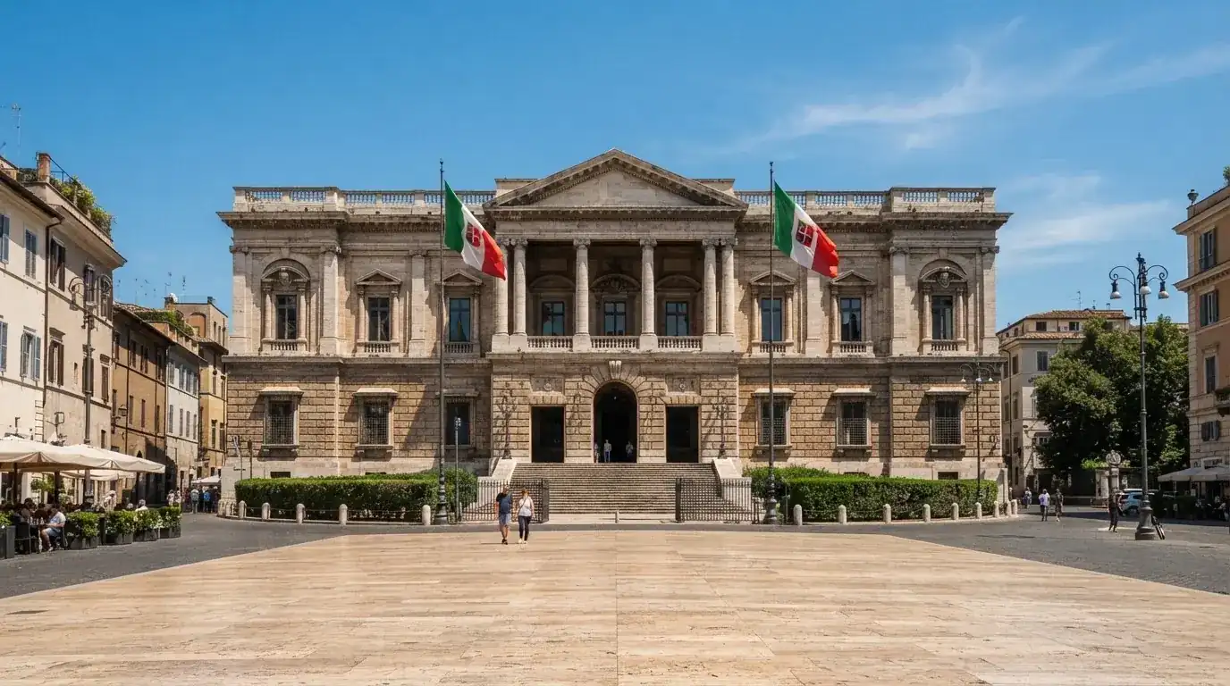 Palazzo istituzionale con bandiere al vento in una piazza soleggiata — casino non aams affidabili