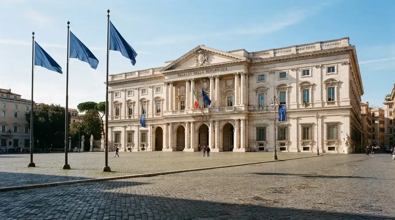 Palazzo istituzionale con bandiere al vento in una piazza soleggiata — casinò non aams che accettano dogecoin