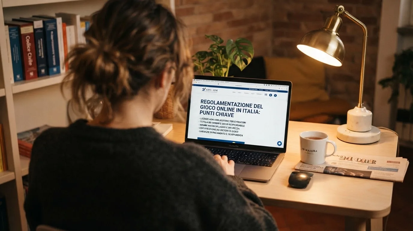 Persona davanti a un portatile che legge una pagina informativa sul gioco online in Italia — casino non aams che accettano postepay