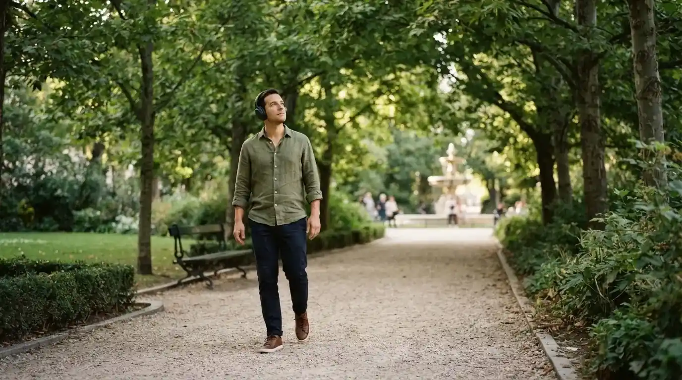 Un uomo cammina all'aperto in un parco cittadino indossando cuffie, lontano da qualsiasi dispositivo elettronico acceso.