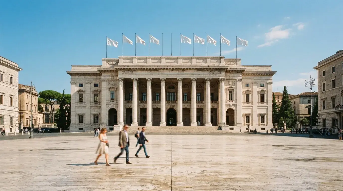 Palazzo istituzionale con bandiere al vento in una piazza soleggiata — casino online con algoritmo unbiased