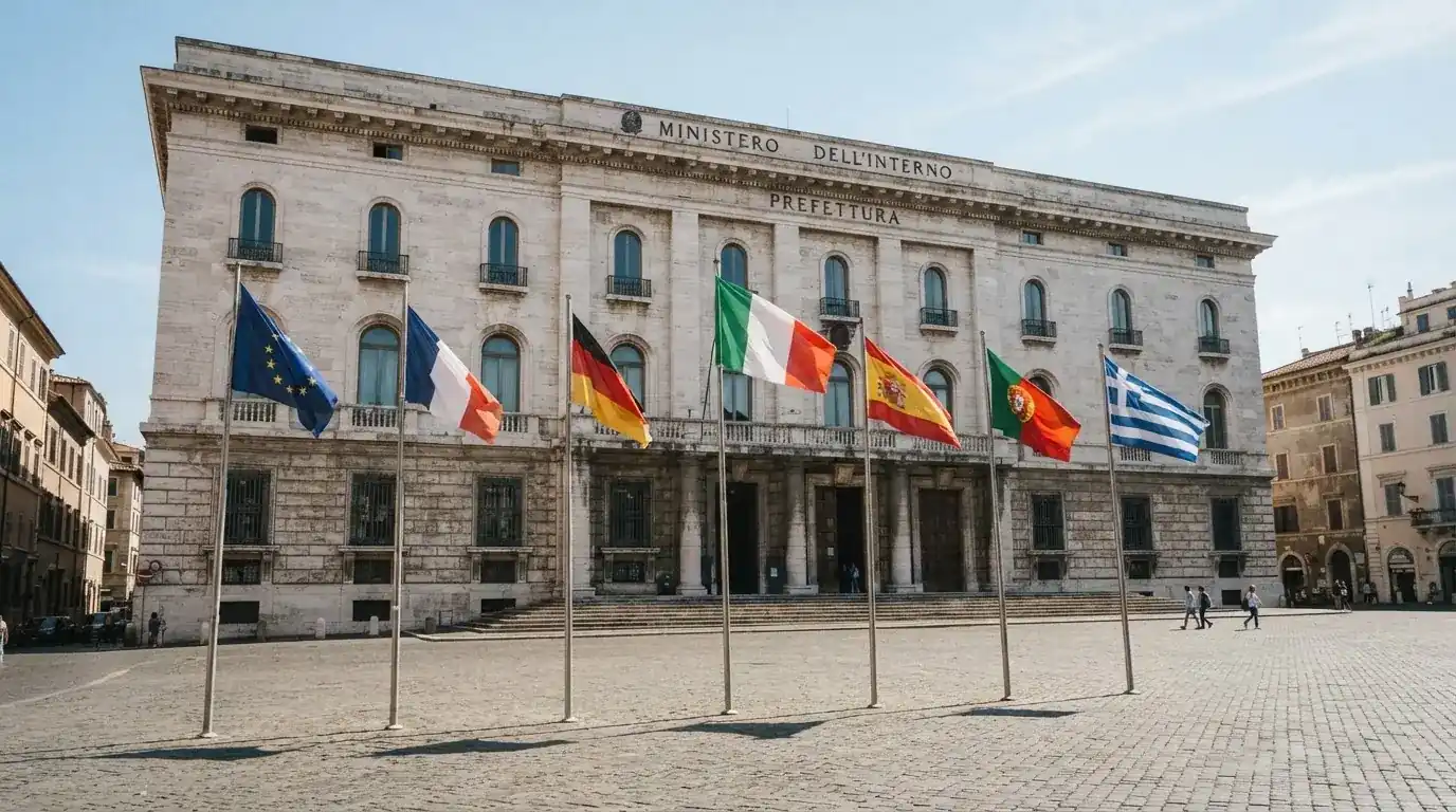 Palazzo istituzionale con bandiere al vento in una piazza soleggiata — casino online con bonus crab