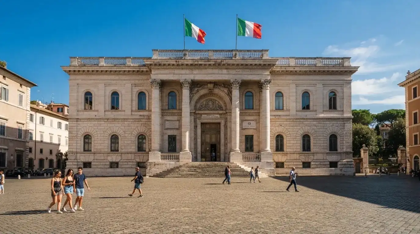 Palazzo istituzionale con bandiere al vento in una piazza soleggiata — casino online con cie