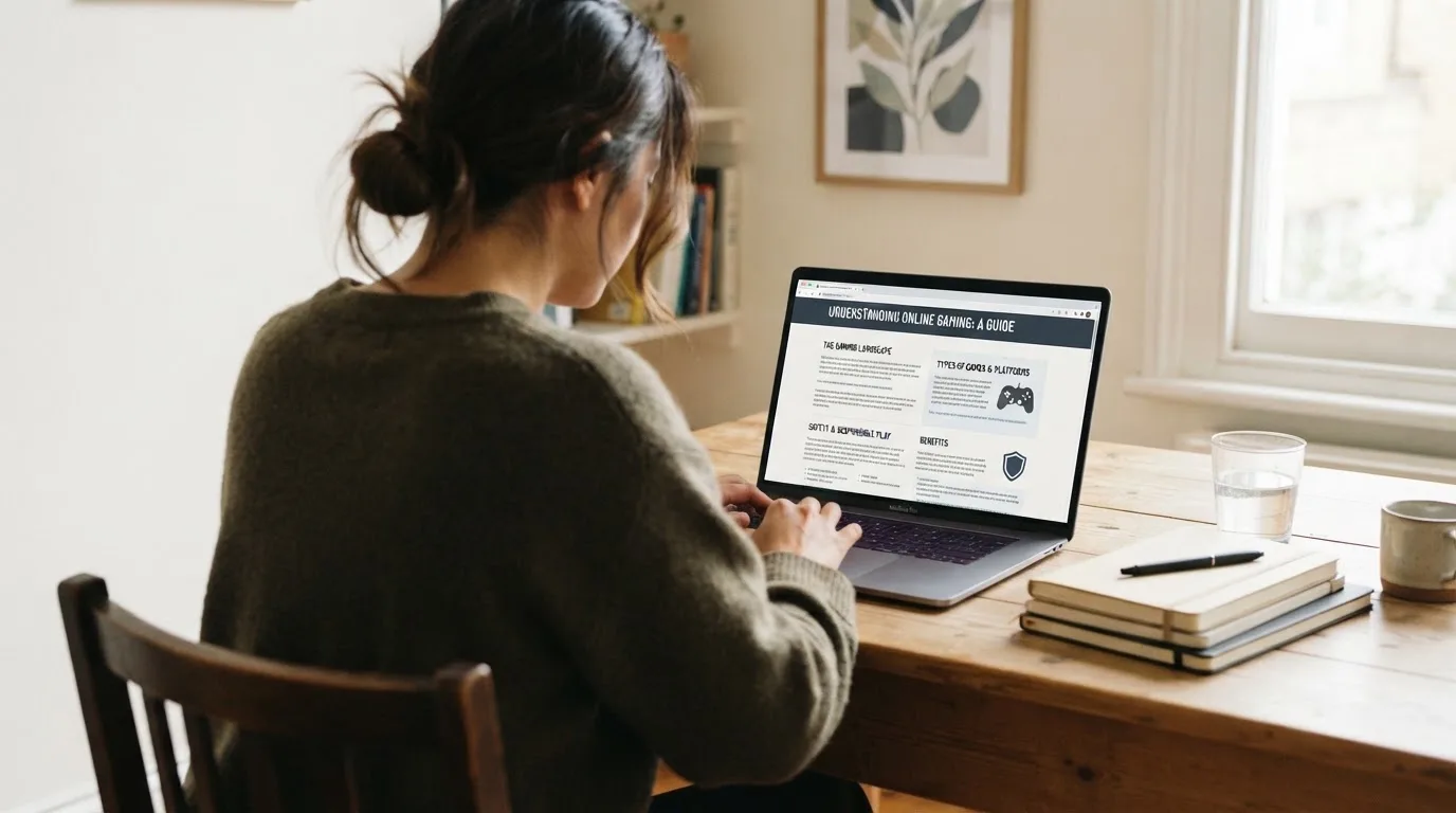 Persona davanti a un portatile che legge una pagina informativa sul gioco online in Italia — casino online con soldi finti