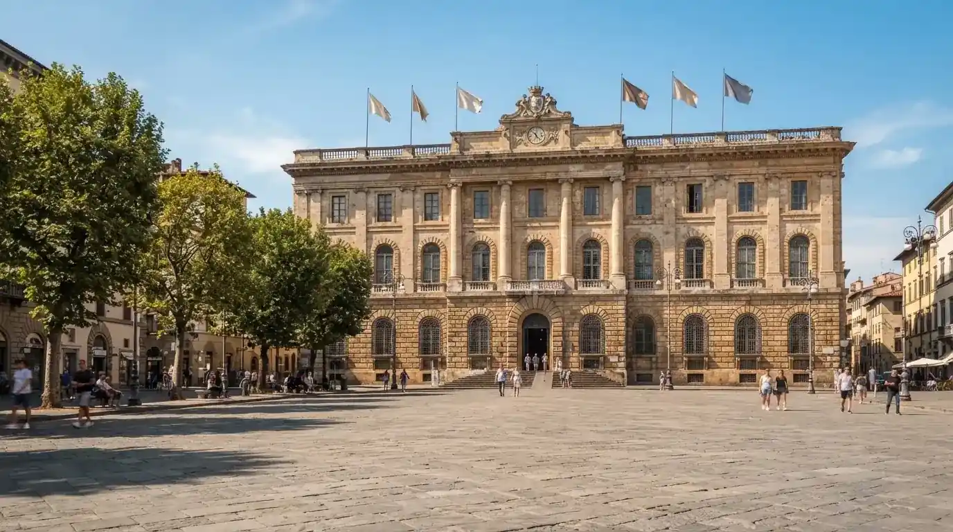 Palazzo istituzionale con bandiere al vento in una piazza soleggiata — casino online con soldi finti