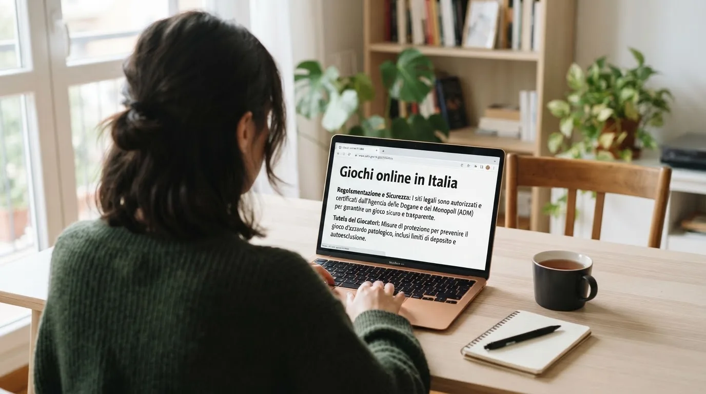 Persona davanti a un portatile che legge una pagina informativa sul gioco online in Italia — casino online italiani senza autoesclusione