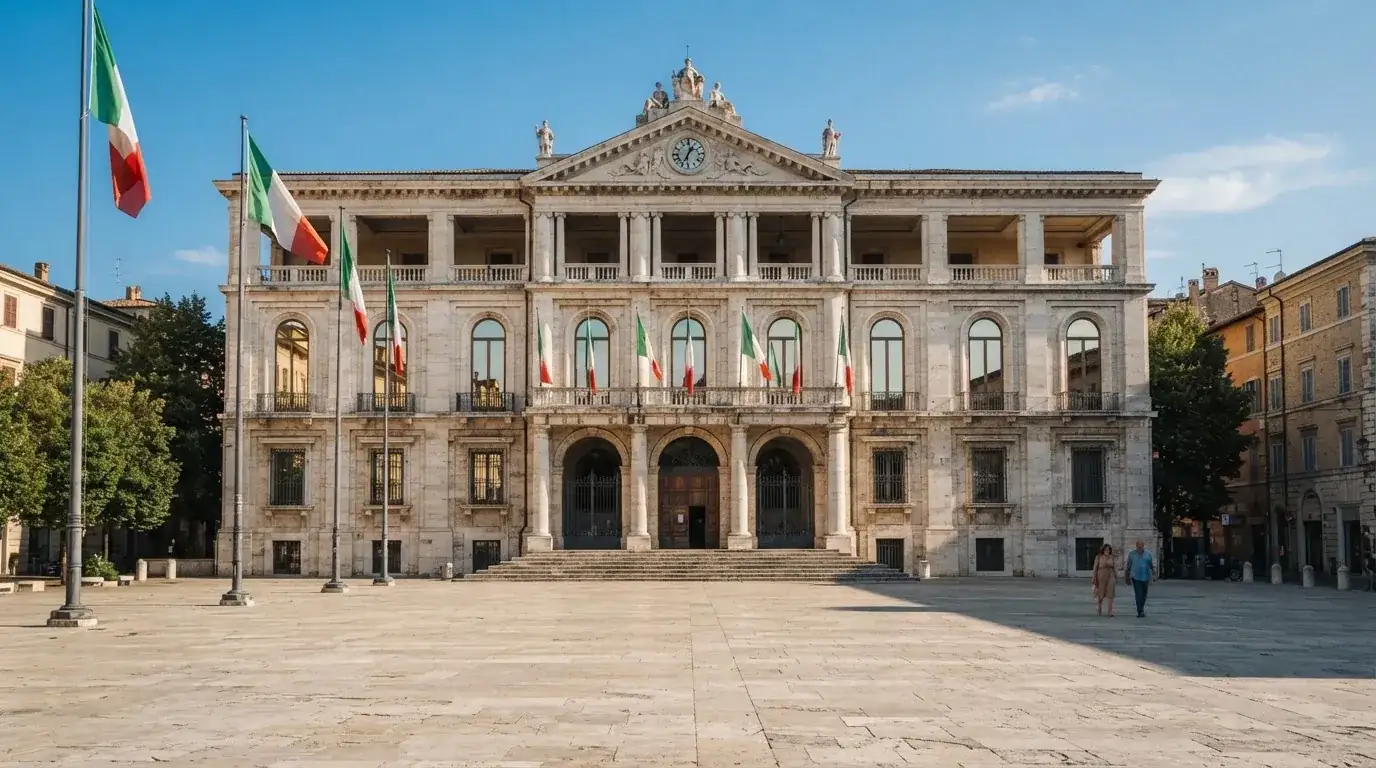 Palazzo istituzionale con bandiere al vento in una piazza soleggiata — casino online italiani senza autoesclusione