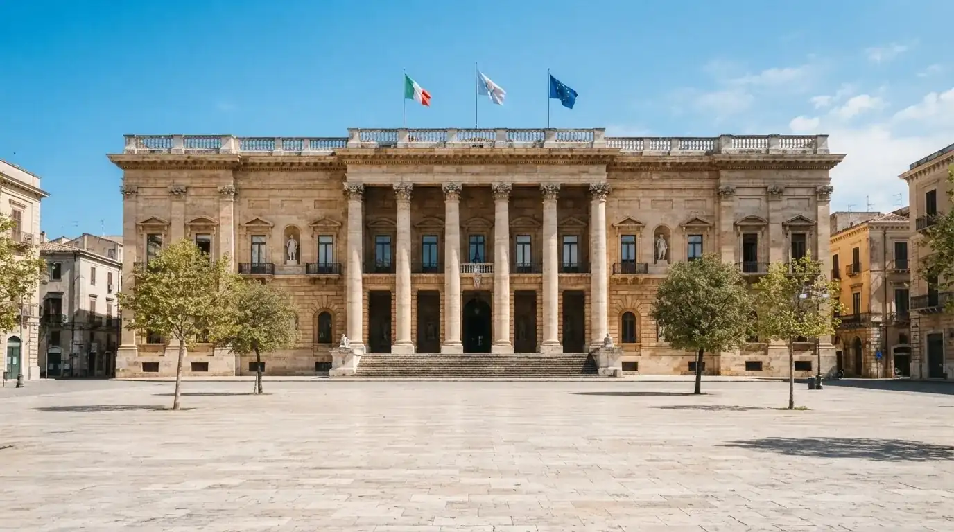 Palazzo istituzionale con bandiere al vento in una piazza soleggiata — casino online senza registrazione