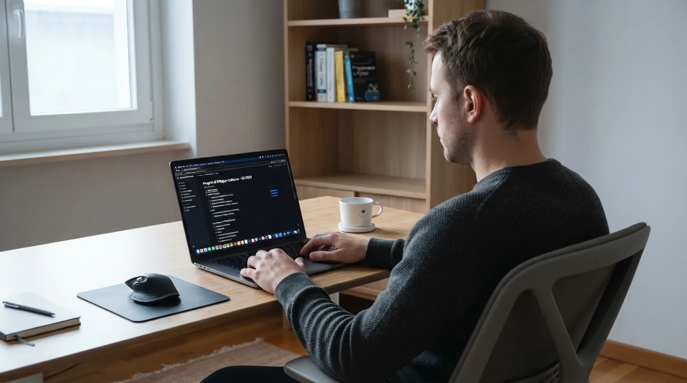 Un uomo seduto alla scrivania osserva pensieroso il monitor di un computer portatile, in una stanza ordinata con una tazza di caffè accanto.