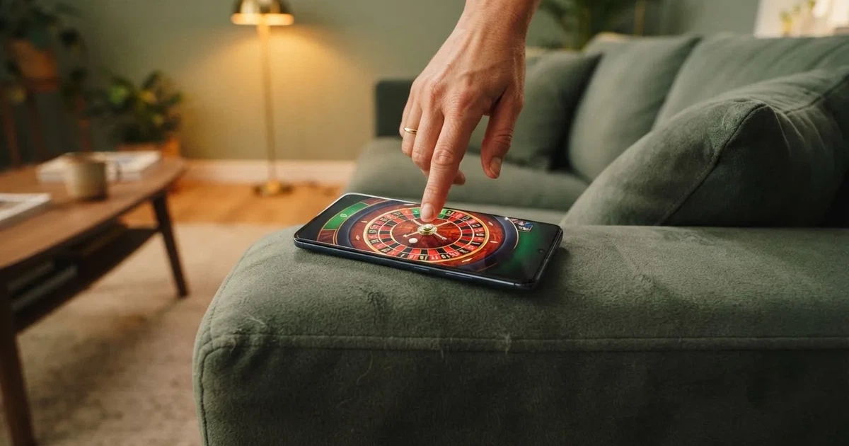 Una mano preme delicatamente lo schermo di uno smartphone tenuto sul bracciolo di un divano, in un soggiorno moderno con luce calda serale.
