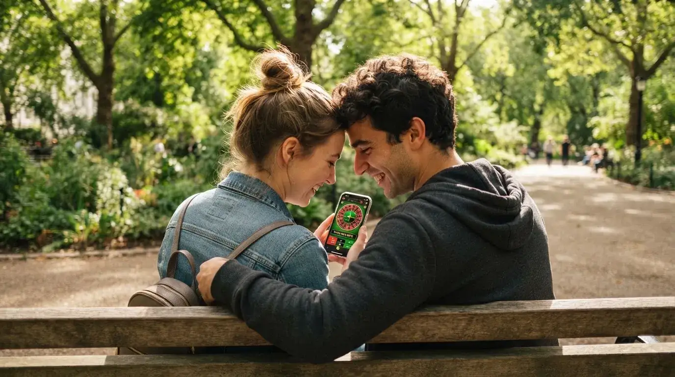 Una giovane coppia controlla insieme lo smartphone sorridendo, sedute su una panchina in un parco cittadino soleggiato.