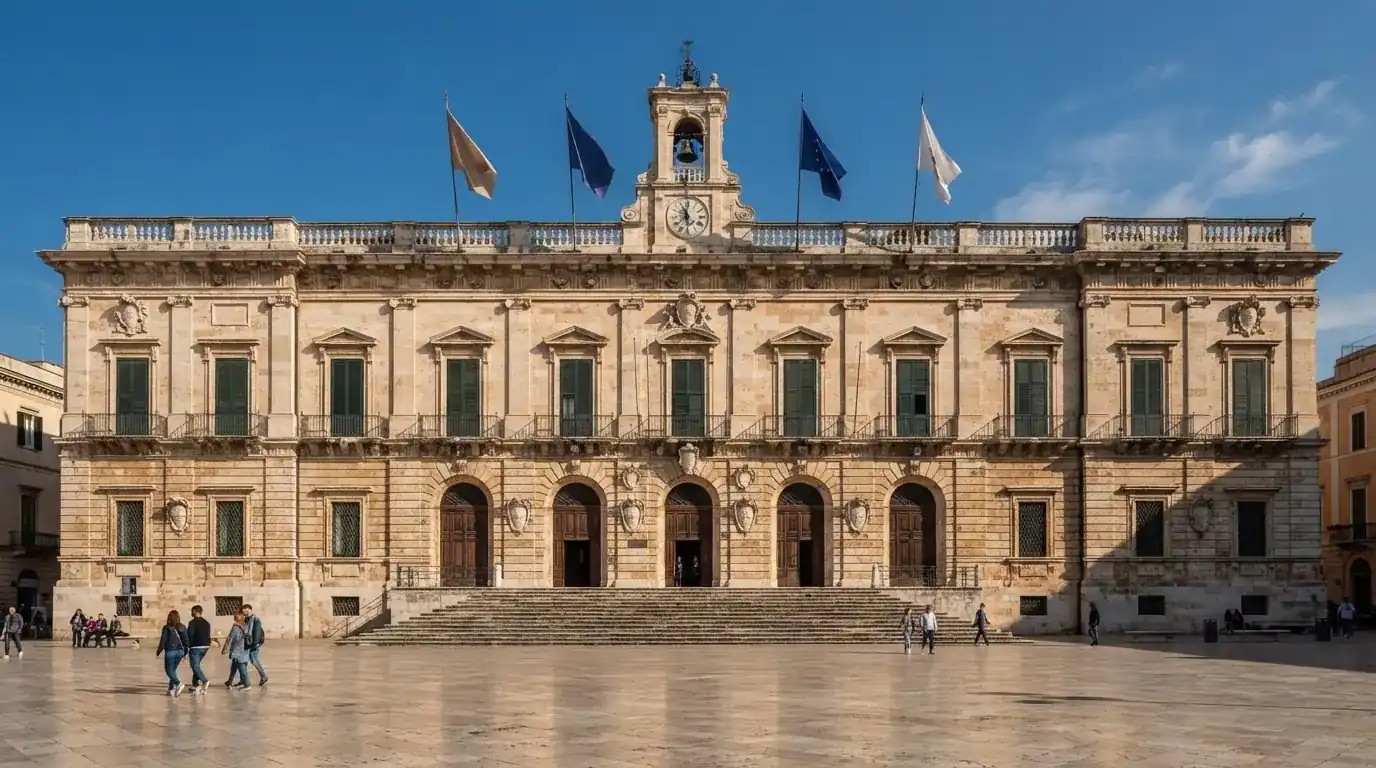 Palazzo istituzionale con bandiere al vento in una piazza soleggiata — casino senza codice fiscale