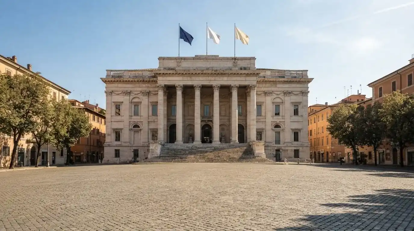 Palazzo istituzionale con bandiere al vento in una piazza soleggiata — casinò slot machines con rtp alto